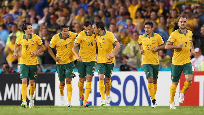 The Socceroos celebrate during the Asian Cup semi-final against the United Arab Emirates at Newcastle's Hunter Stadium.