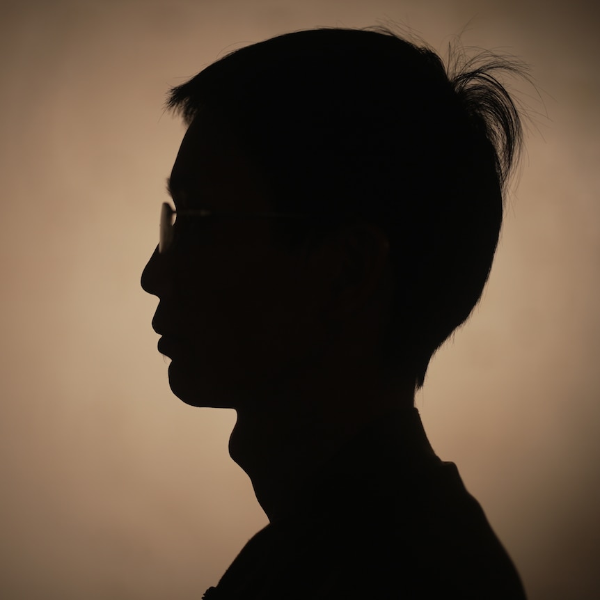 A brown and black silhouette of a man's face from the side 