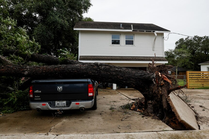 A tree branch uprooted and fallen over sideways on a black utility vehicle parked outside a home.