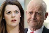 A composite image of David Leyonhjelm frowning and Sarah Hanson-Young looking shocked.
