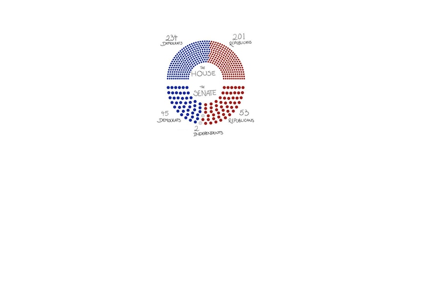 A diagram shows the party majorities in the US Government