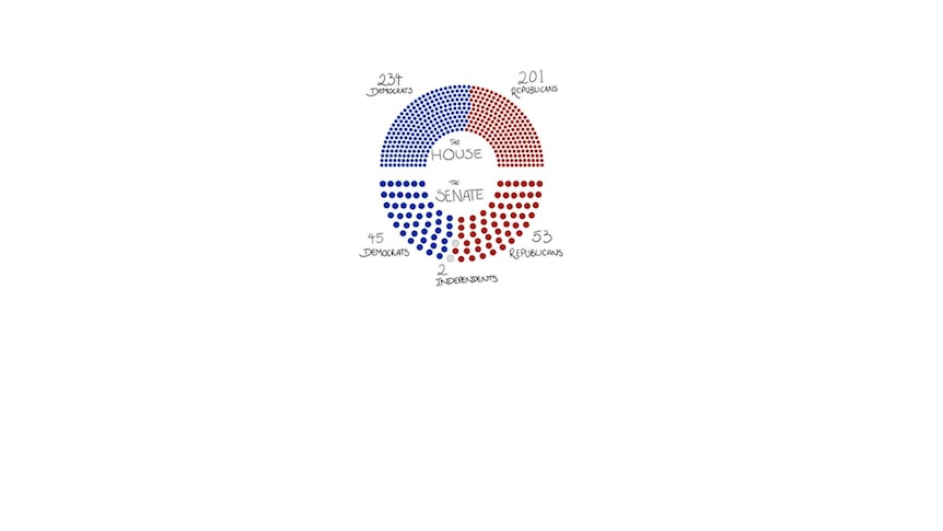 A diagram shows the party majorities in the US Government