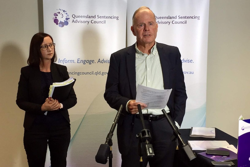 Attorney-General Yvette D'ath and QSAC chair John Robertson at a press conference in 2018.