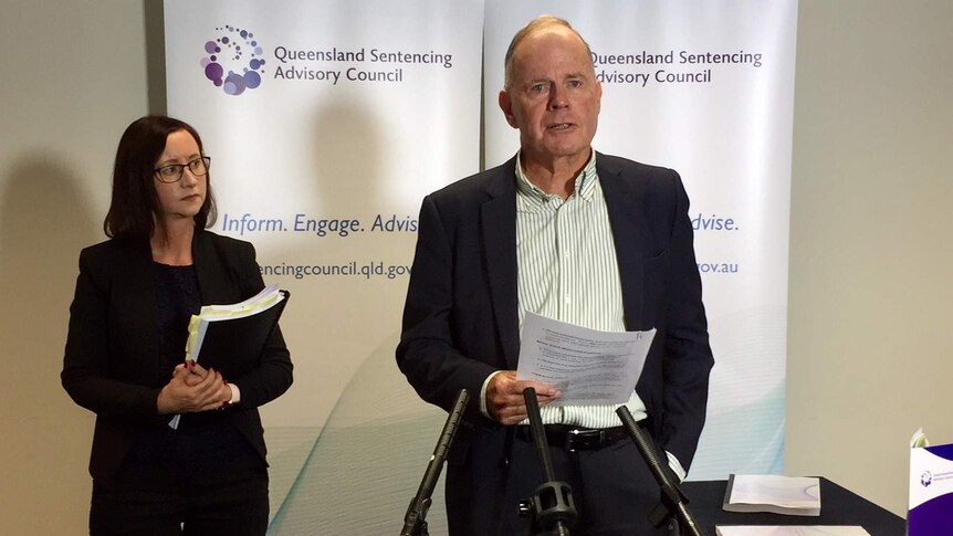 Attorney-General Yvette D'ath and QSAC chair John Robertson at a press conference in 2018.