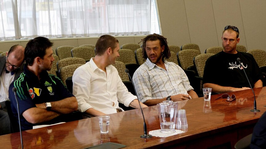 Ricky Ponting, Michael Clarke, Andrew Symonds and Matthew Hayden prior to Harbhajan Singh's appeal.