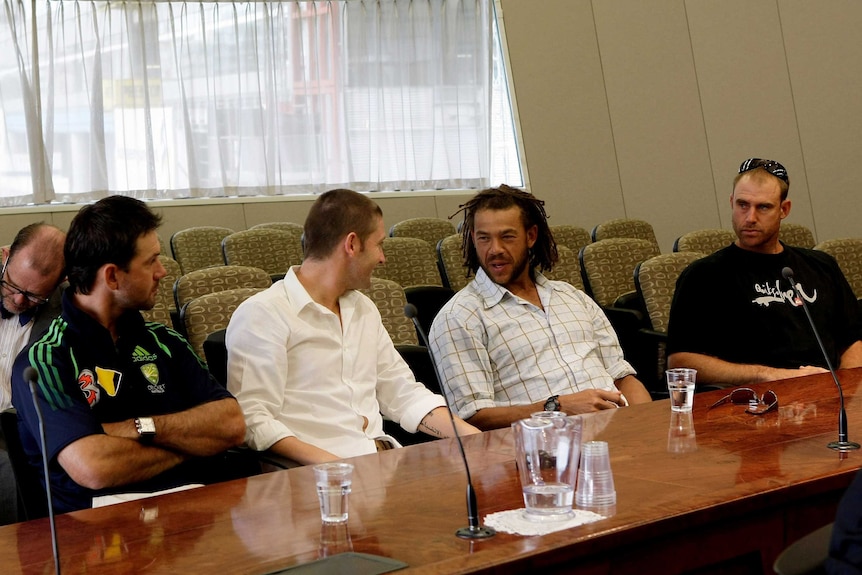 Ricky Ponting, Michael Clarke, Andrew Symonds and Matthew Hayden prior to Harbhajan Singh's appeal.