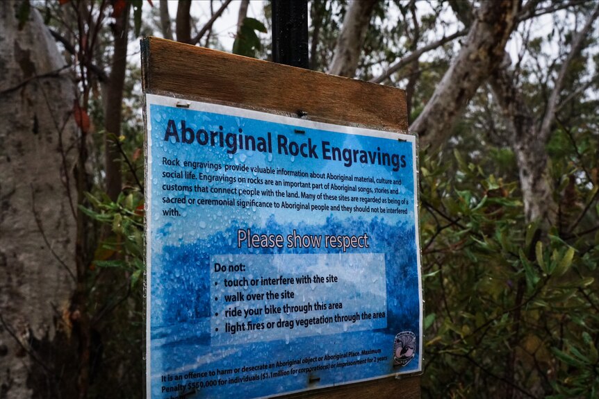 A sign about penalties for vandalism at the Bulgandry Aboriginal Art Site.