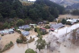 An aerial shot shows major flooding in a low lying area of otago
