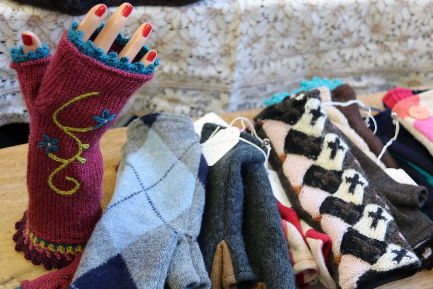 Fingerless gloves made from recycled woollen jumpers and vests