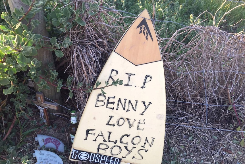 A surfboard tribute to Ben Gerring, who was killed by a shark in 2016.