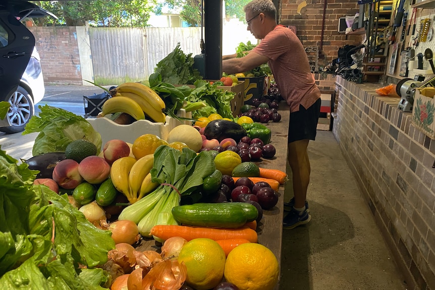 a man packs a box full of vegetables inside a garage as part of a food co-op in sydney