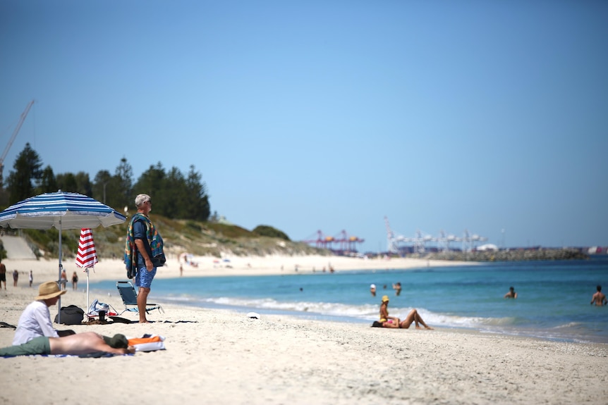 People and pets cool down at the beach during a February heat wave in Perth.