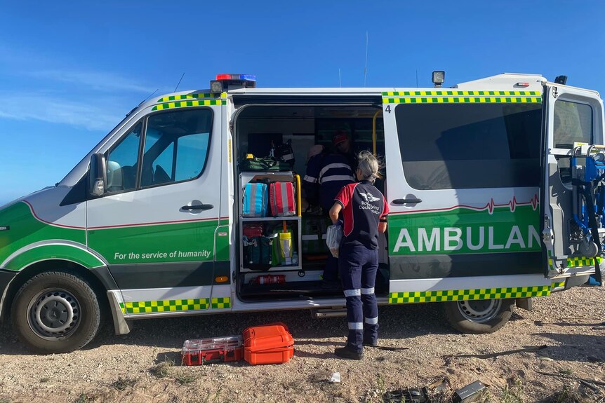 An ambulance at the scene of a crash on the Eyre Highway in South Australia.