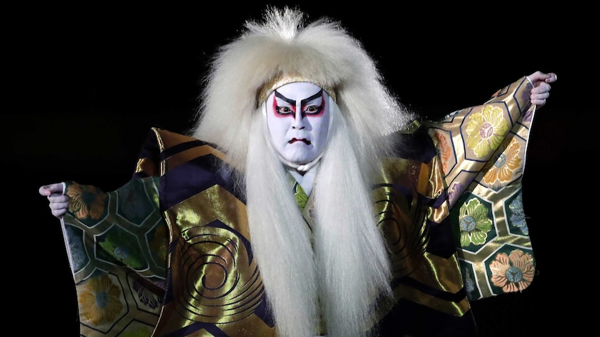 A Kabuki performer looks straight ahead at the Rugby World Cup opening ceremony in Tokyo.