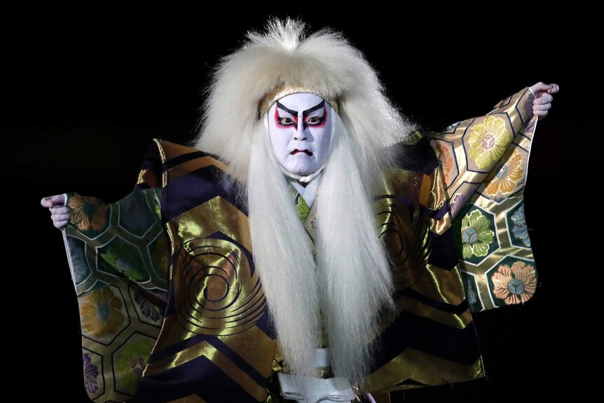 A Kabuki performer looks straight ahead at the Rugby World Cup opening ceremony in Tokyo.