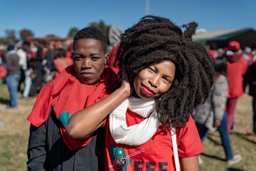 Two EFF supporters at a rally in Klerksdorp.