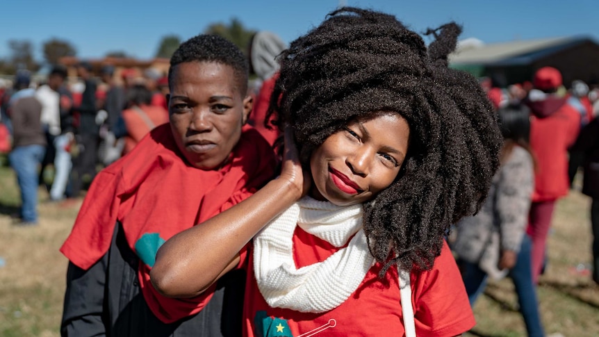 Two EFF supporters at a rally in Klerksdorp.