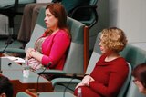 Two women sit in the house of representatives with their hands folded on their pregnant bellies