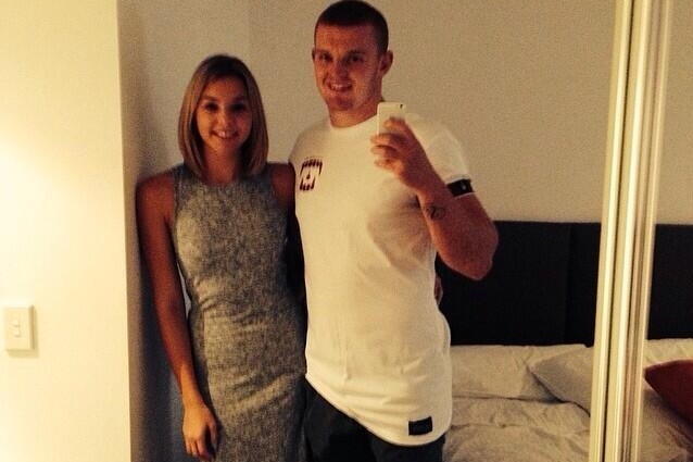 Newcastle Knights player Alex McKinnon, pictured here with girlfriend Teigan Power, prior to his injury.