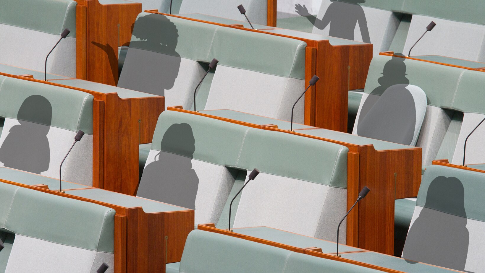 Ghost like female figures imposed onto seats in the house of reps. 