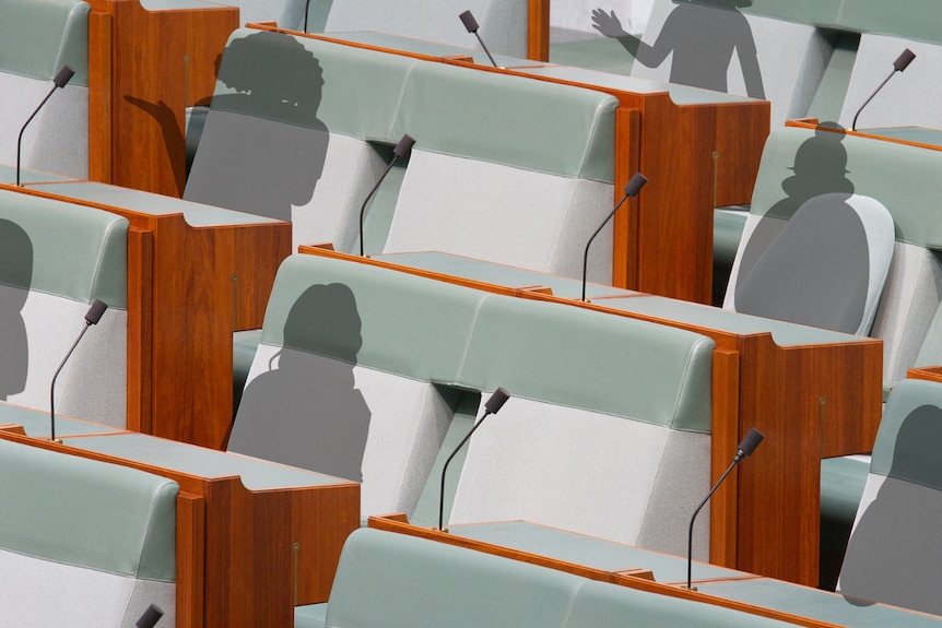 Ghost like female figures imposed onto seats in the house of reps. 