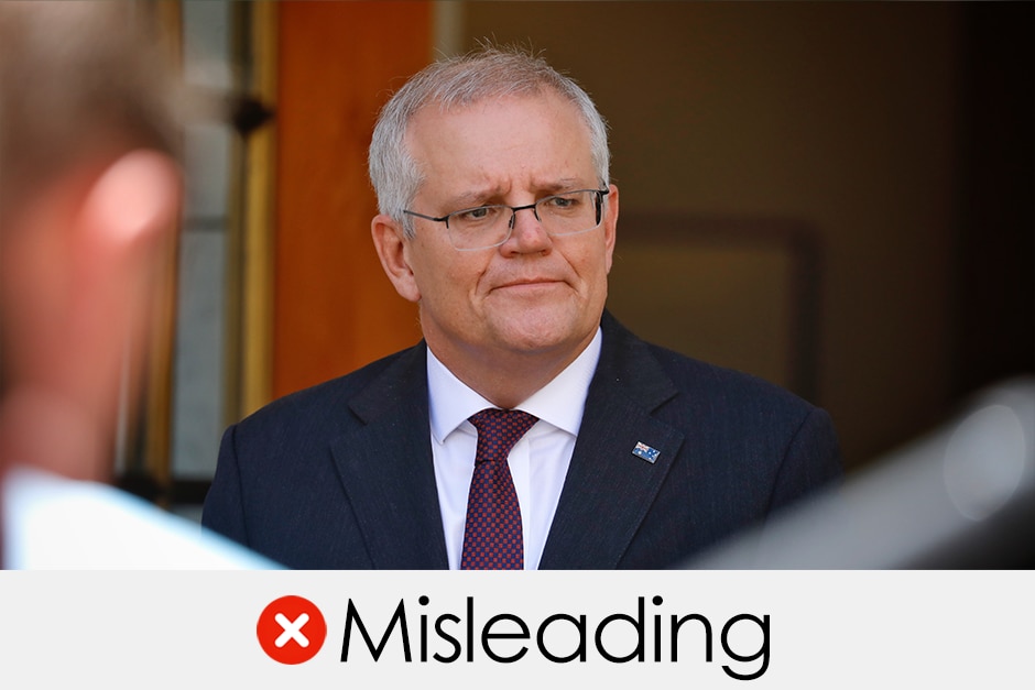 Scott Morrison at a press conference tight head shot. Verdict is "misleading" with a red cross