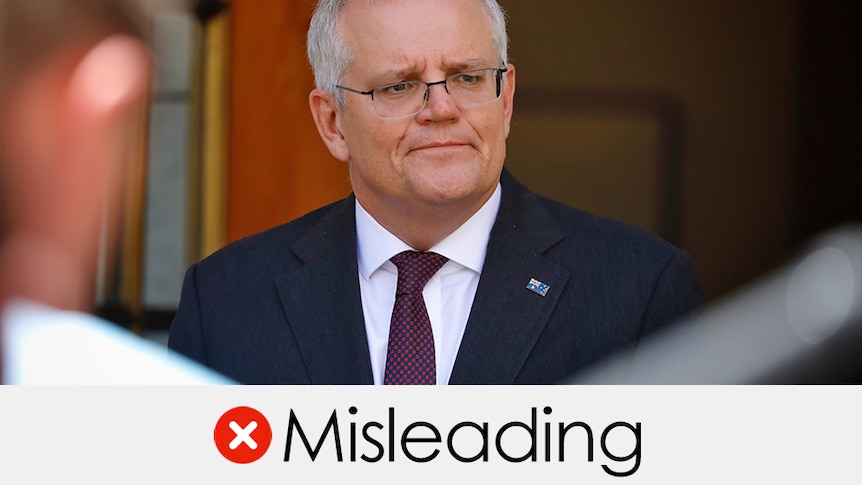 Scott Morrison at a press conference tight head shot. Verdict is "misleading" with a red cross