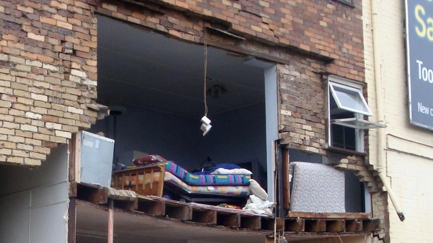 A partially collapsed building stands in Schofield Street, Toowoomba