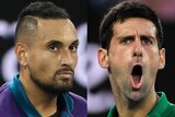Novak Djokovic screams and Nick Kyrgios opens his mouth slightly in a composite picture