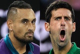 Novak Djokovic screams and Nick Kyrgios opens his mouth slightly in a composite picture