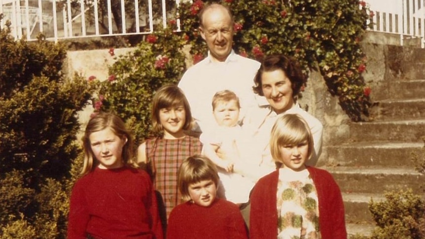 Dick and Joan Green with children outside their Launceston home