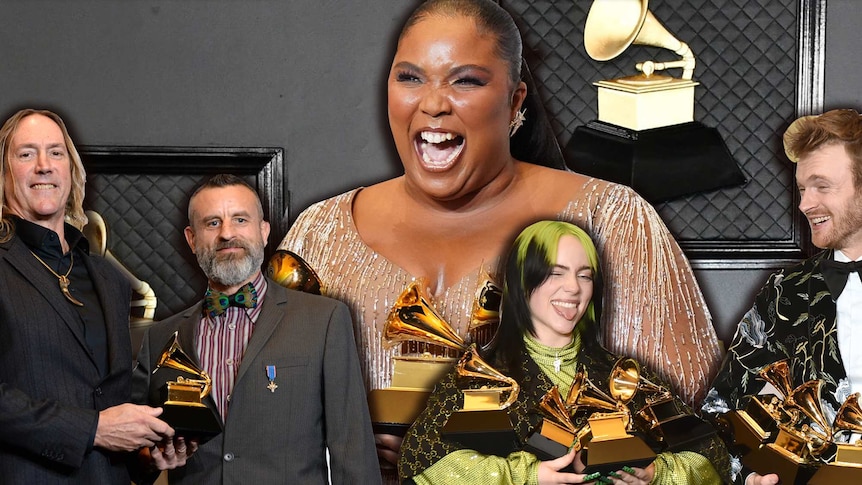 Composite image of Tool, Lizzo and Billie Eilish at the 2020 Grammy Awards