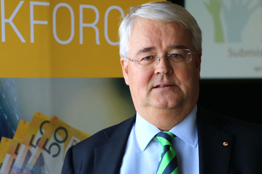 Black Economy Taskforce chairman Michael Andrew in a suit with blue and green tie.