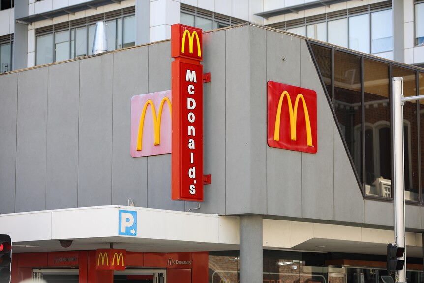 A close-up of McDonald's signage on the side of the Hay Street restaurant in the Perth CBD.