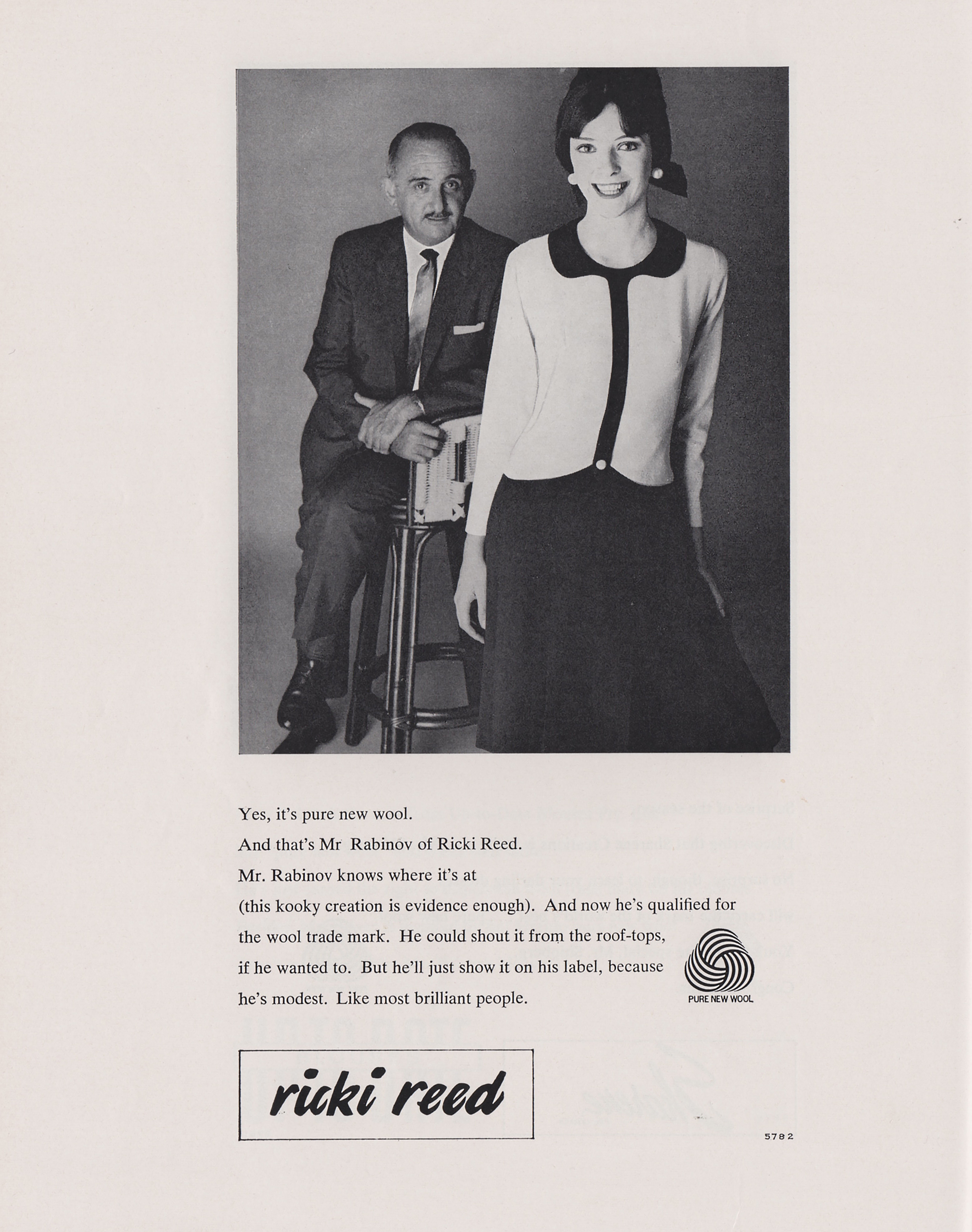 A one page ad for Ricki Reed with a photo of Alan Rabinov and a model