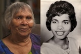 Composite of an elderly Indigenous woman today with an older portrait of her as a younger woman on the right.