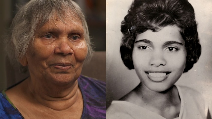 Composite of an elderly Indigenous woman today with an older portrait of her as a younger woman on the right.