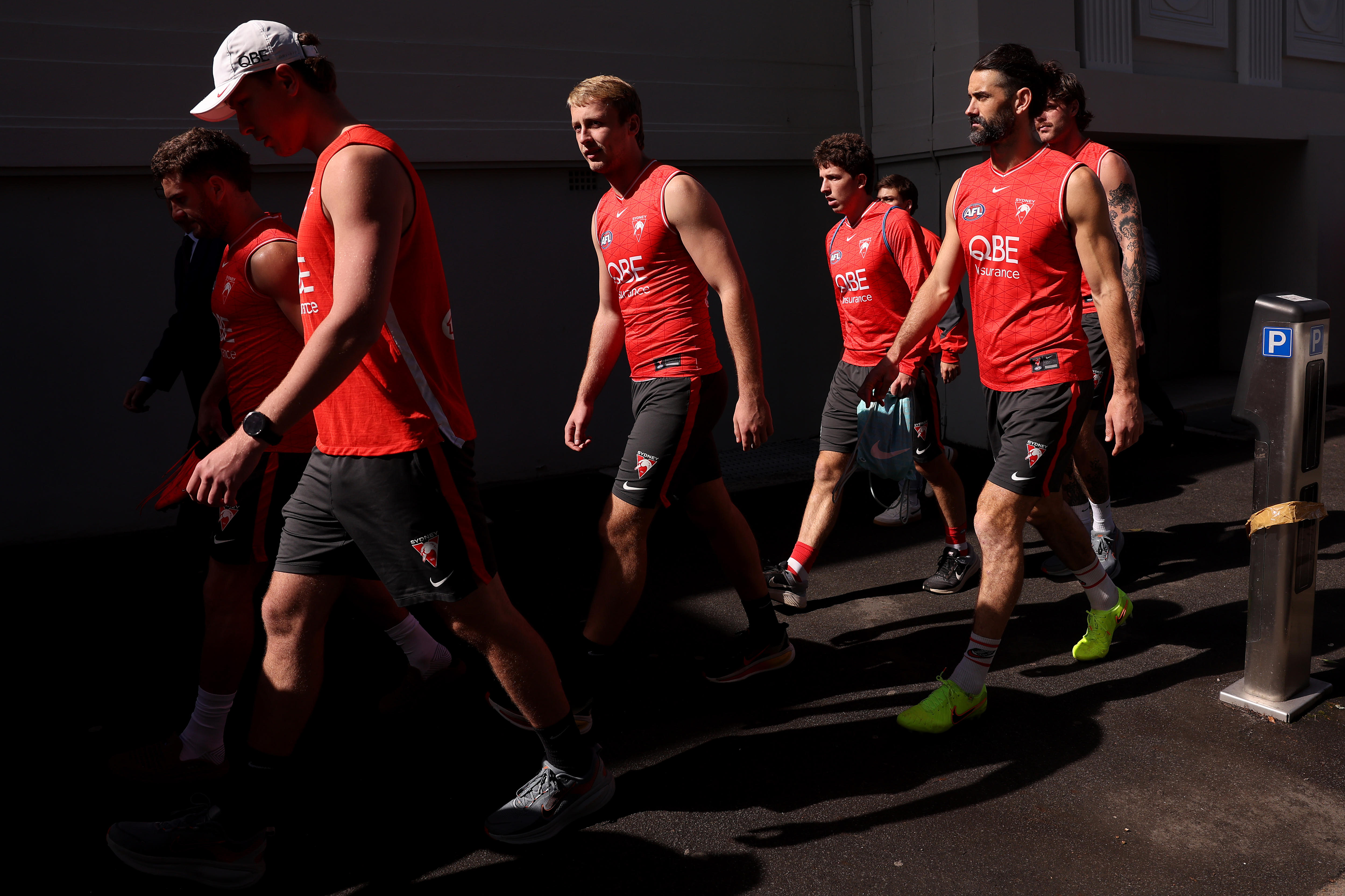 Max King and Brodie Grundy are seen before a Sydney Swans AFL training session on August 19, 2026 in Sydney, Australia.