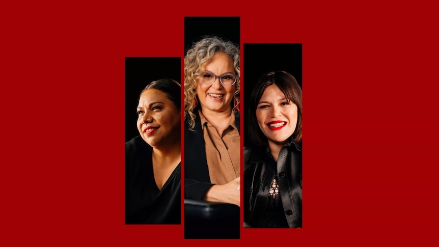 Portaits of Deb Mailman, Leah Purcell and Nakkiah Lui against a red background.