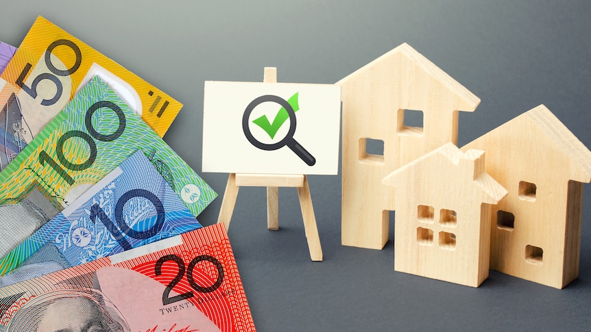 A composite image showing cash, a tick on a sign, and wooden cut-outs of houses.