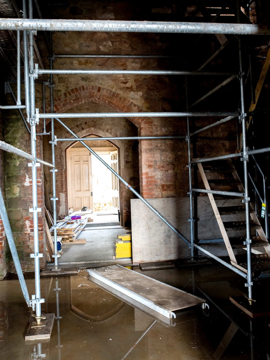 The interior of ruins under restoration