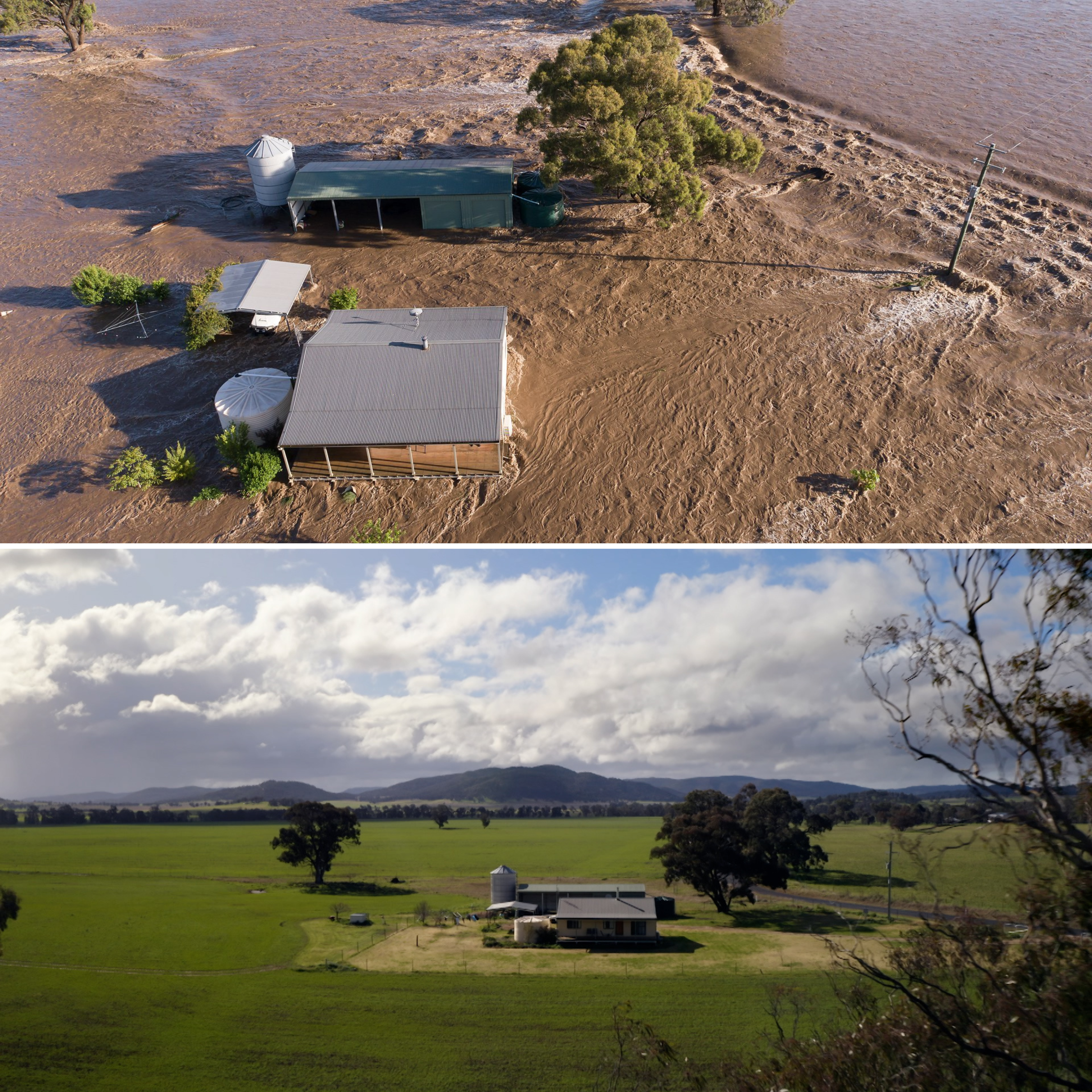 A composite image of a house engulfed by floodwaters on the top and now, after the recovery, on the bottom