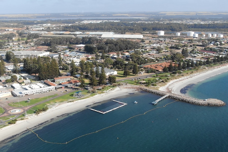 An aerial view of the town and new facility, taken from a drone