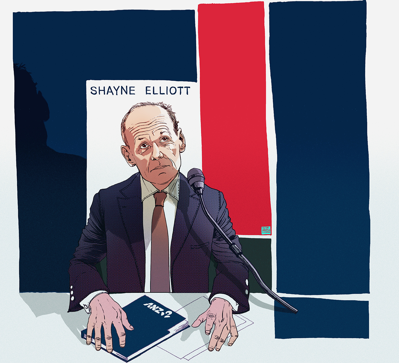 An illustration of Shayne Elliot at a parliamentary committee, he is wearing a suit and has a folder marked 'ANZ'.
