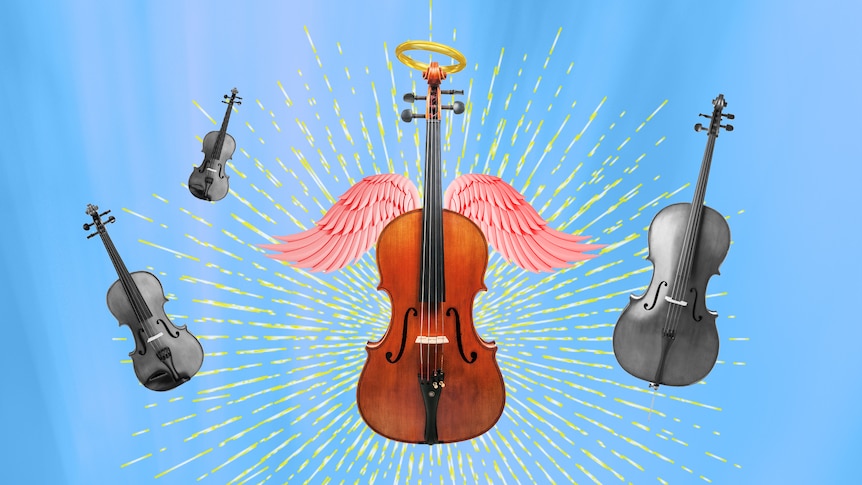 A viola with cartoonish angel wings and a halo, among 3 other stringed instruments, on a blue background