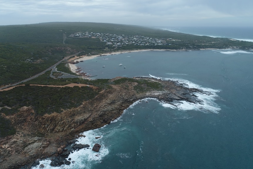 A stretch of coastline featuring a small community as seen from above.