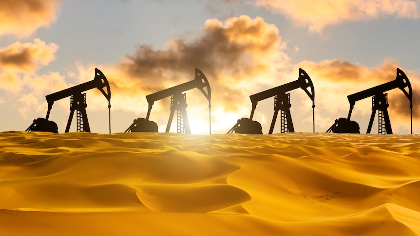 Oil pumps in the desert.