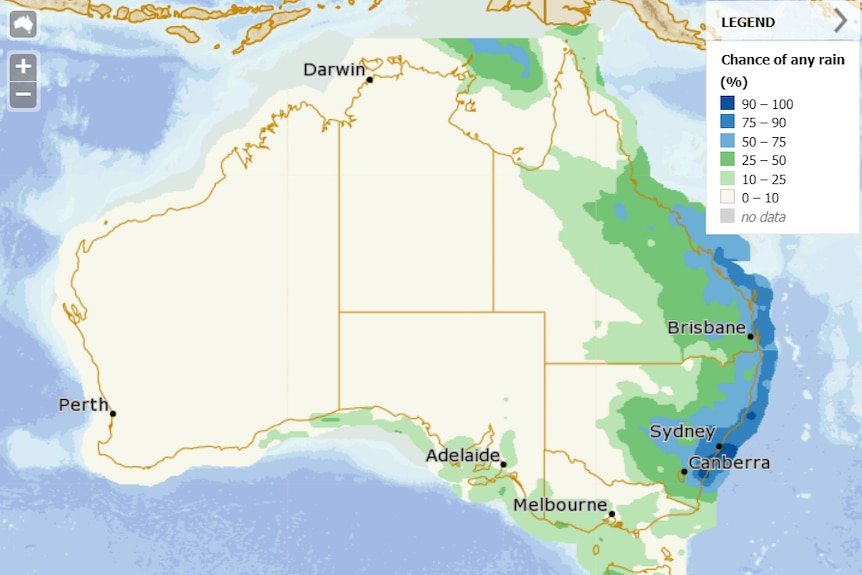 A map showing rain predicted on the east coast of Australia.