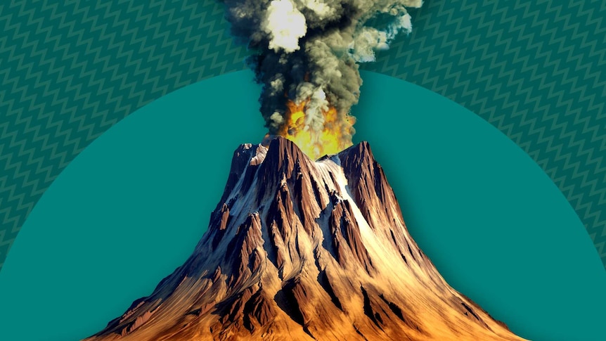 A 3D illustration of a volcano eruption.