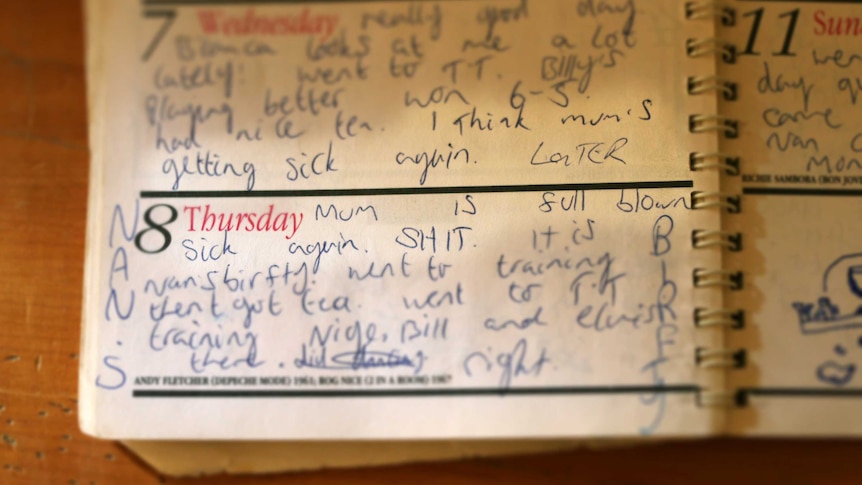 A child's diary entry reads: "I think Mum is getting sick again" and "Mum is full blown sick again. Shit!"